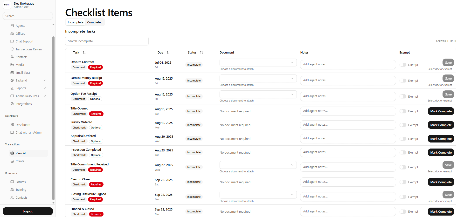 Transaction checklists